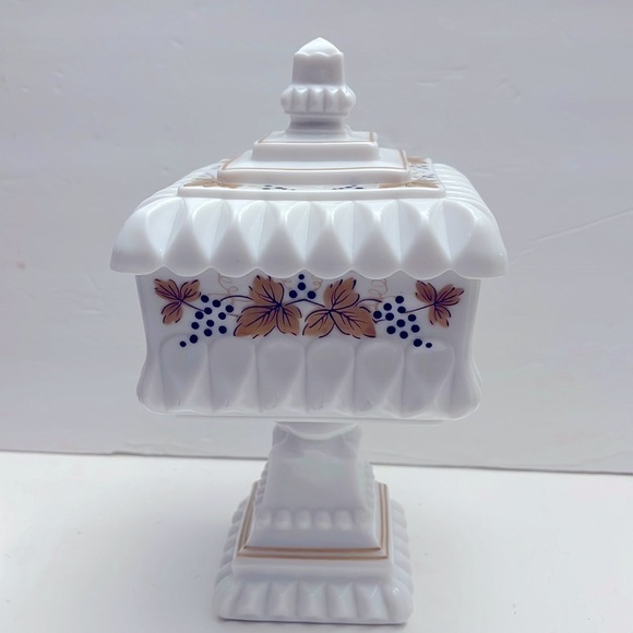 Vintage Milk Glass Large Covered Compote Handpainted Grape Leaves - Picture 1 of 12